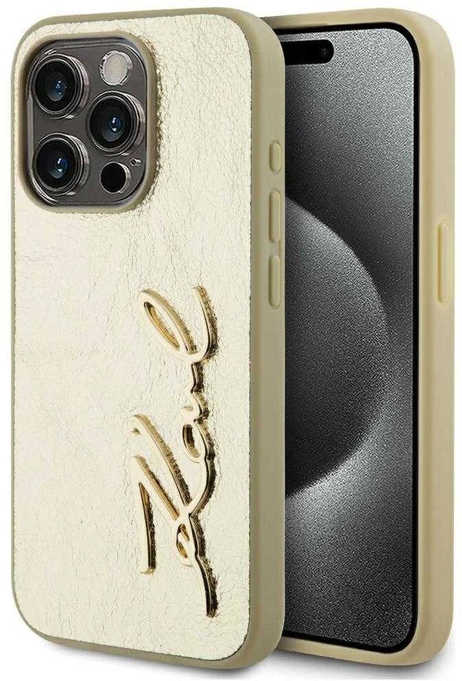 Karl Lagerfeld Wrinkled PU Signature Logo dėklas telefonui Apple iPhone 15 Pro aukso spalvos
