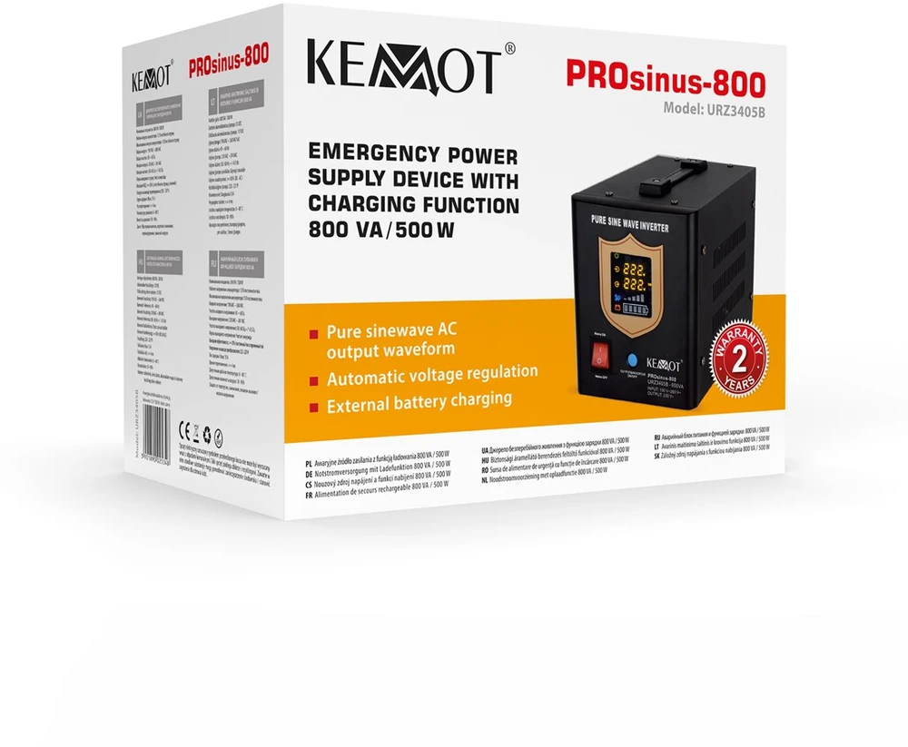 KEMOT PROsinus-800 nepertraukiamo maitinimo šaltinis su gryna sinusine banga ir įkrovimo funkcija 12V 230V 800VA/500W - juoda