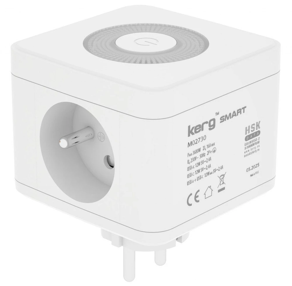 Inne KERG išmanusis 2 lizdų maitinimo kubas + USB-A + USB-C įkroviklis + LED lempa 16A/250V~ baltas