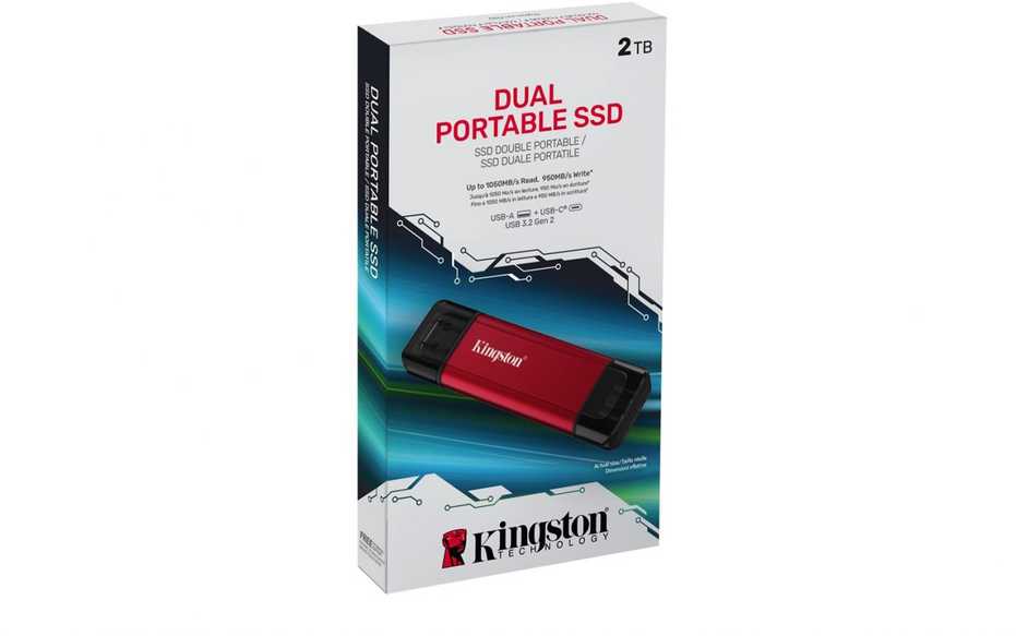 Kietasis diskas „Kingston Technology“ 2 TB nešiojamasis SSD diskas su dviem USB-A/C jungtimis, iki 1050 MB/s USB 3.2 Gen 2