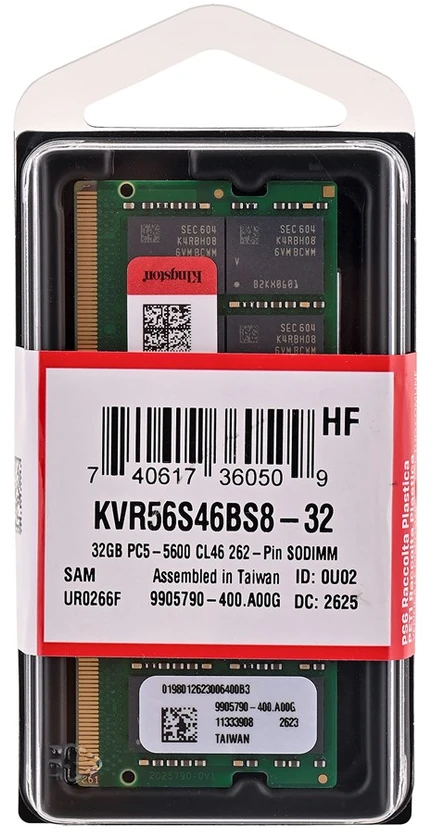 RAM „Kingston Technology KVR56S46BS8-32“ atminties modulis 32 GB, 1 x 32 GB DDR5 5600 MT/s 262 kontaktų SO-DIMM
