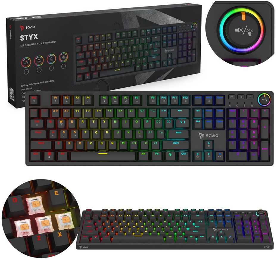 Klaviatūra SAVIO STYX Mekanisk tastatur Outemu Peach Silent, Hot Swap, RGB