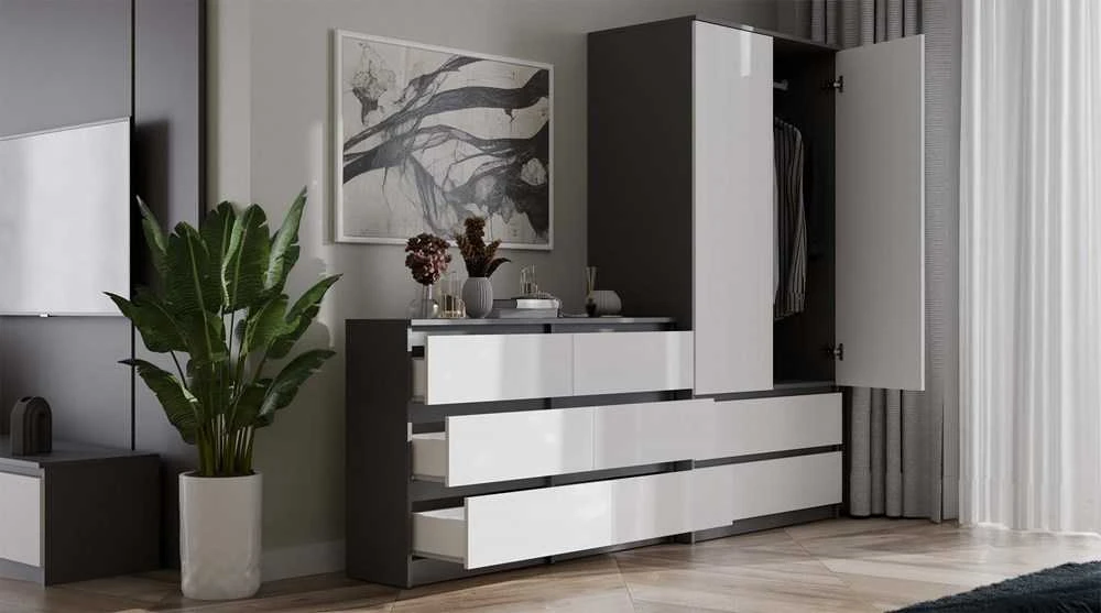 „Top E Shop“ M6 MALWA komoda su 6 stalčiais, 120 cm, antracito/baltos spalvos