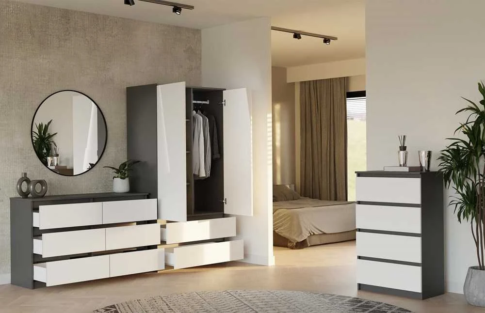 „Top E Shop“ M6 MALWA komoda su 6 stalčiais, 120 cm, antracito/baltos spalvos