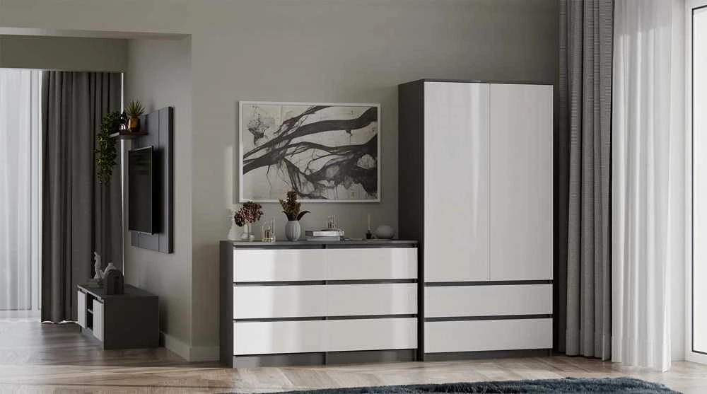 „Top E Shop“ M6 MALWA komoda su 6 stalčiais, 120 cm, antracito/baltos spalvos