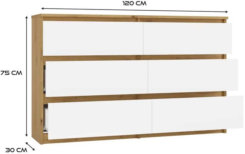 „Top E Shop“ M6 MALWA komoda su 6 stalčiais, 120 cm, ąžuolo medienos, „Artisan/Baltas“.