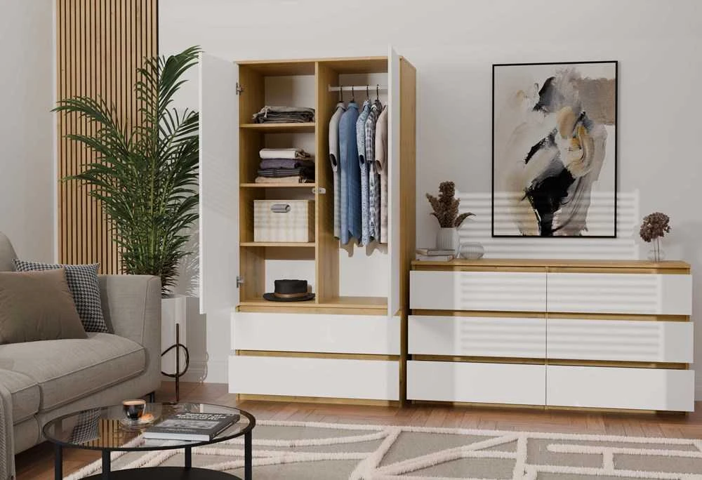„Top E Shop“ M6 MALWA komoda su 6 stalčiais, 120 cm, ąžuolo medienos, „Artisan/Baltas“.