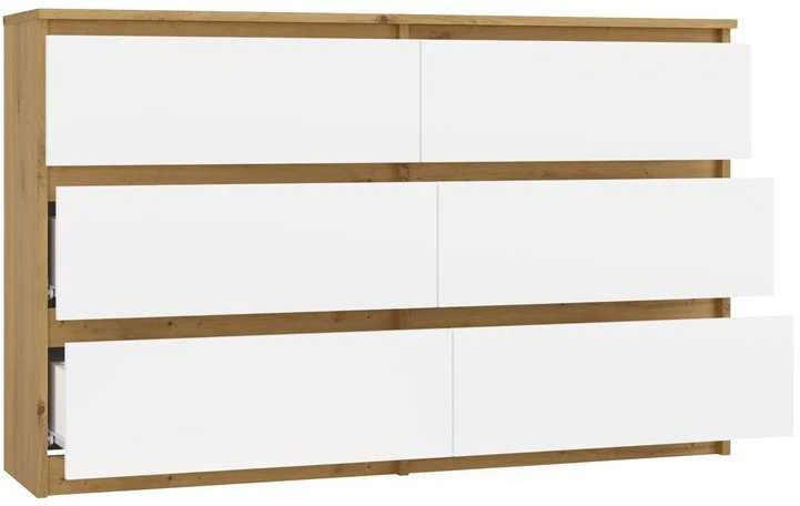 „Top E Shop“ M6 MALWA komoda su 6 stalčiais, 120 cm, ąžuolo medienos, „Artisan/Baltas“.