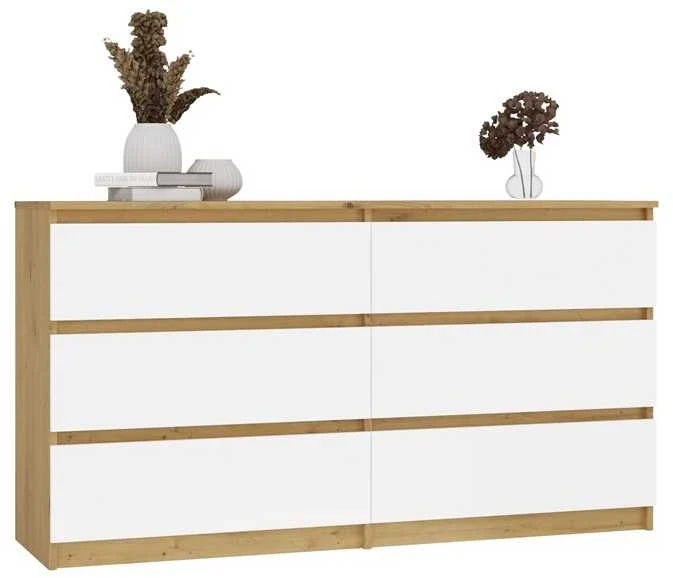 „Top E Shop“ M6 MALWA komoda su 6 stalčiais, 140 cm, ąžuolo medienos, „Artisan/Baltas“.