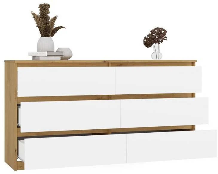 „Top E Shop“ M6 MALWA komoda su 6 stalčiais, 140 cm, ąžuolo medienos, „Artisan/Baltas“.
