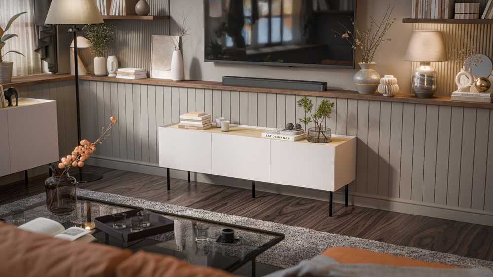 Laikiklis Cama Meble Cama FELLINI TV spintelė 150x40x52 kašmyro + alyvuotas ąžuolo stalviršis