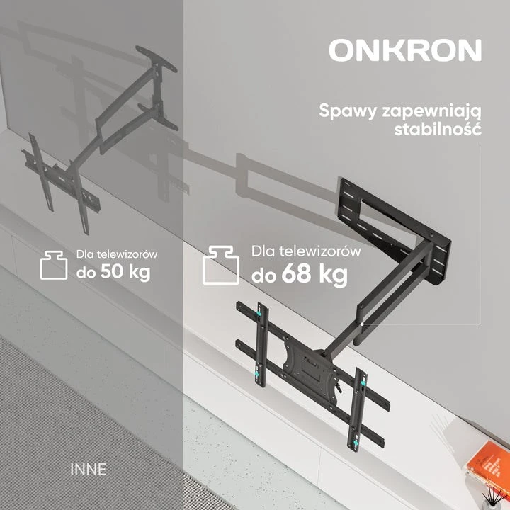 ONKRON pakreipiamas ir pasukamas televizoriaus laikiklis 40"-75" televizoriams, maks. 68 kg, juodas