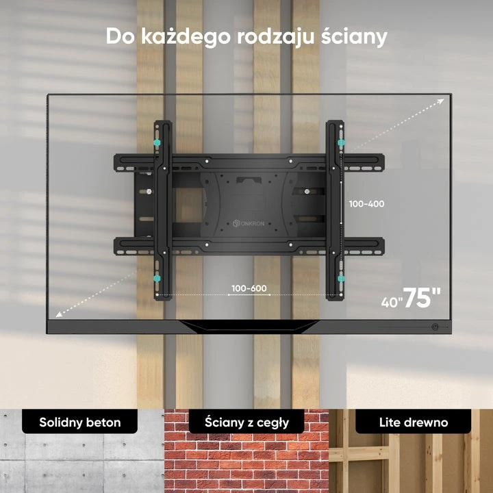 ONKRON pakreipiamas ir pasukamas televizoriaus laikiklis 40"-75" televizoriams, maks. 68 kg, juodas