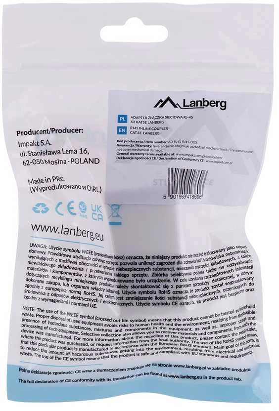 Inline LANBERG AD-RJ45-RJ45-OU5 RJ45 linijinė jungtis Cat.5e