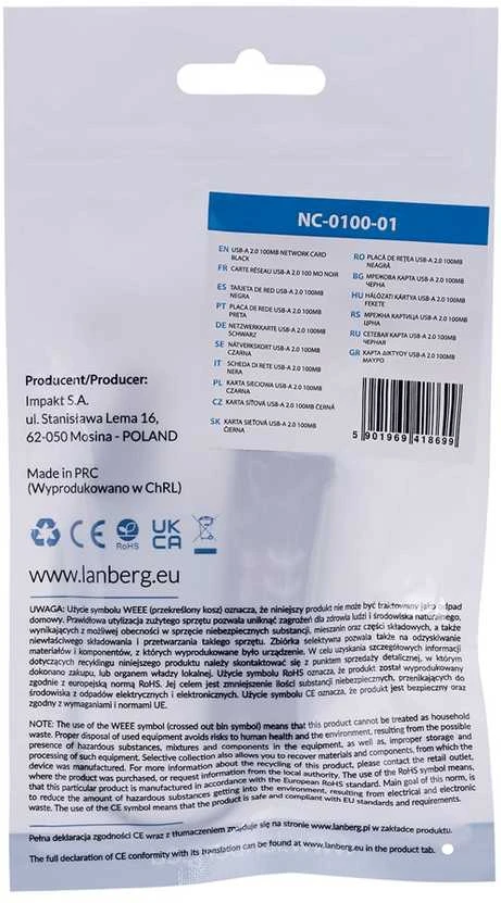 LANBERG NC-0100-01 Adapteris Lan Card USB 2.0 - RJ45 100MB ant kabelio
