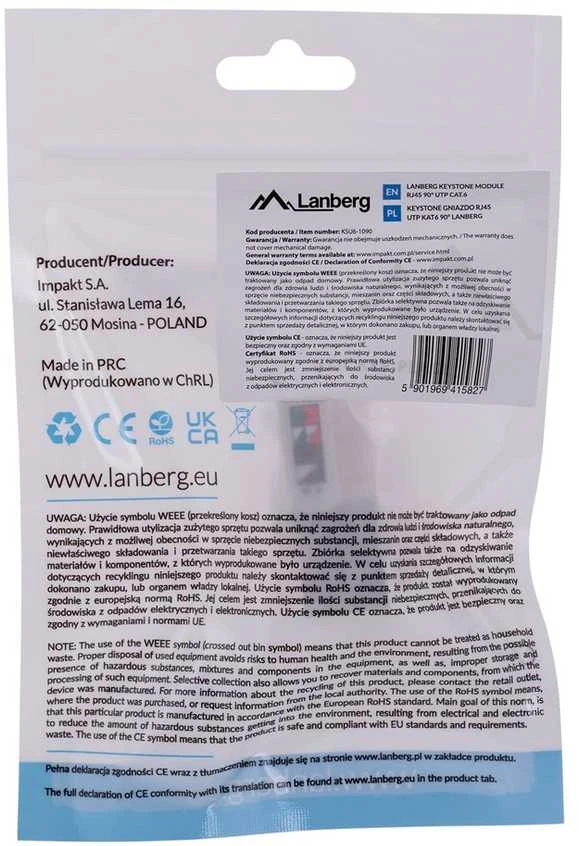 LANBERG KSU6-1090 Keystone modulis RJ45 LSA 90deg UTP Cat.6