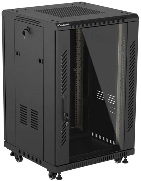 19" 18U 600 × 600 Juodas FLOOR-STANDING RACK CABINET WITH GLASS DOOR, LANBERG (FLAT PACK)