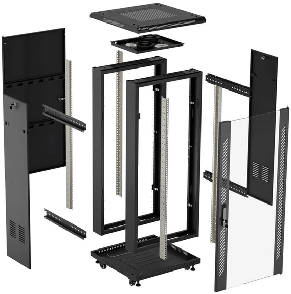 19" 18U 600 × 600 Juodas FLOOR-STANDING RACK CABINET WITH GLASS DOOR, LANBERG (FLAT PACK)