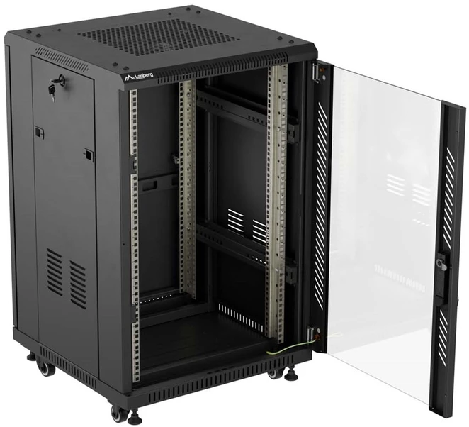 19" 18U 600 × 600 Juodas FLOOR-STANDING RACK CABINET WITH GLASS DOOR, LANBERG (FLAT PACK)