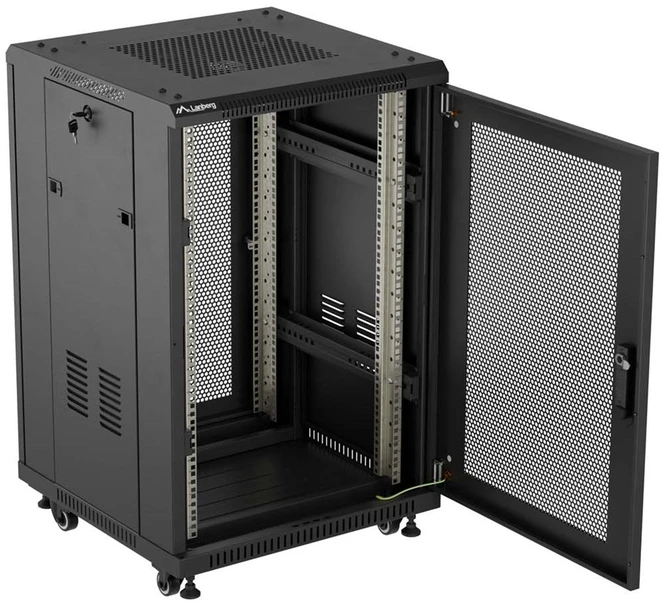19" 18U 600 × 600 Juodas FLOOR-STANDING RACK CABINET WITH PERFORATED DOOR, LANBERG (FLAT PACK)