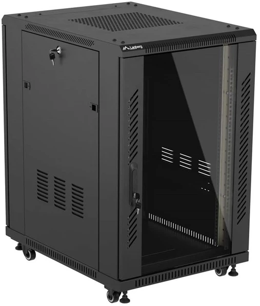 19" 18U 600 × 800 Juodas FLOOR-STANDING RACK CABINET WITH GLASS DOOR, LANBERG (FLAT PACK)