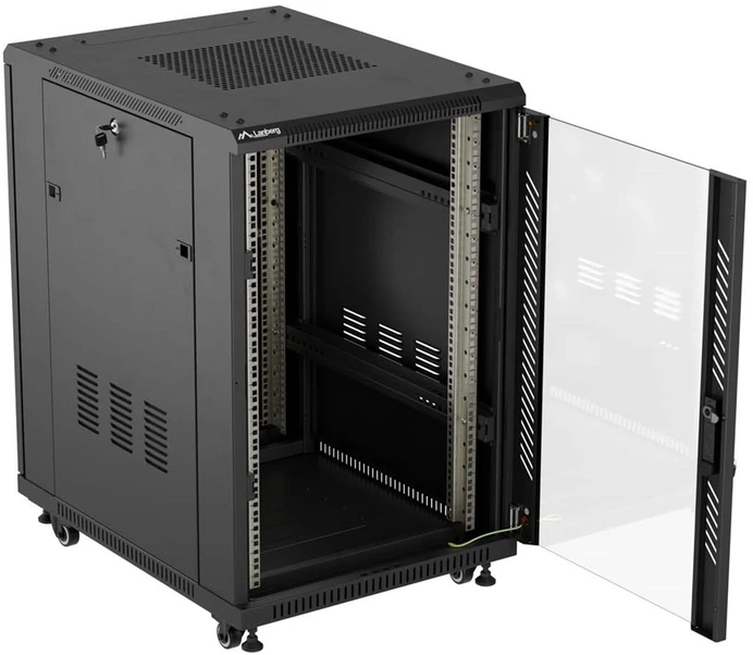 19" 18U 600 × 800 Juodas FLOOR-STANDING RACK CABINET WITH GLASS DOOR, LANBERG (FLAT PACK)