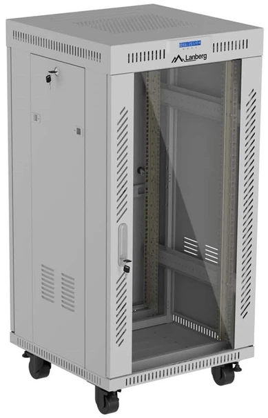19" 22U 600 × 600 Pilkas FLOOR-STANDING RACK CABINET WITH GLASS DOOR AND LCD, LANBERG (FLAT PACK)