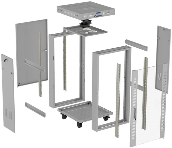 19" 22U 600 × 600 Pilkas FLOOR-STANDING RACK CABINET WITH GLASS DOOR AND LCD, LANBERG (FLAT PACK)