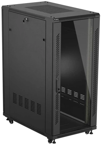 19" 27U 600 × 1000 Juodas FLOOR-STANDING RACK CABINET WITH GLASS DOOR, LANBERG (FLAT PACK)