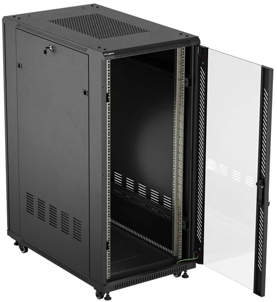 19" 27U 600 × 1000 Juodas FLOOR-STANDING RACK CABINET WITH GLASS DOOR, LANBERG (FLAT PACK)