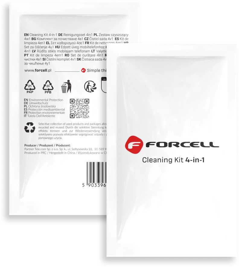 LCD ekranų valymo rinkinys „Forcell 4in1“ (drėgna ir sausa šluostė, nutrinimo kortelė, dulkių lipdukai)