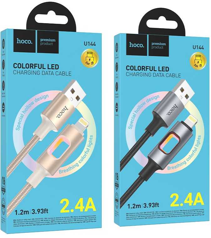 LED laidas USB A į Lightning Hoco 2,4A 1,2 m U144 juodas