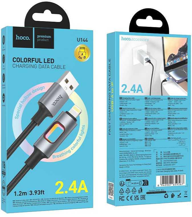 LED laidas USB A į Lightning Hoco 2,4A 1,2 m U144 juodas