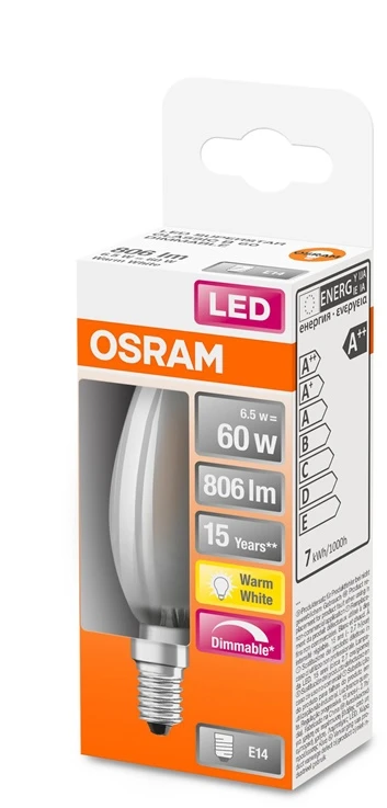 LED lemputė OSRAM, B35, E14, 6,5 W, 806 lm, 2700 K