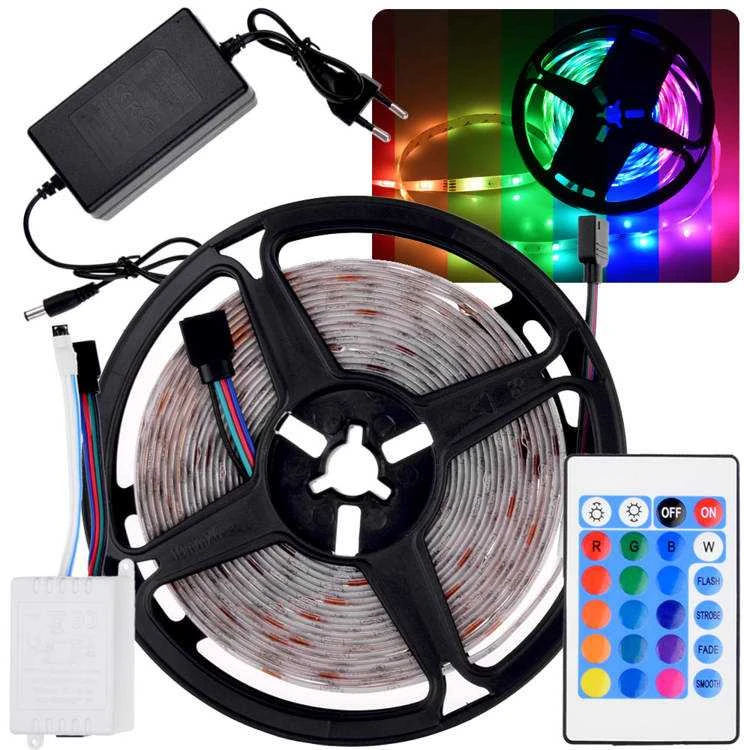 Jokomisiada LED juostelė 5m RGB + nuotolinio valdymo pultas vandeniui atspari