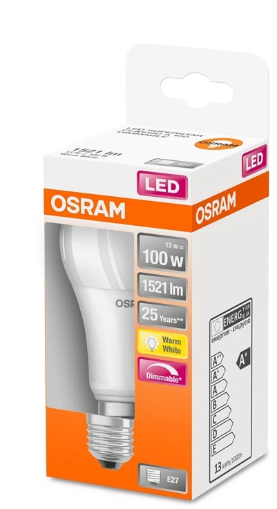 LED lemputė OSRAM, A60, E27, 13 W, 1521 lm, 2700 K