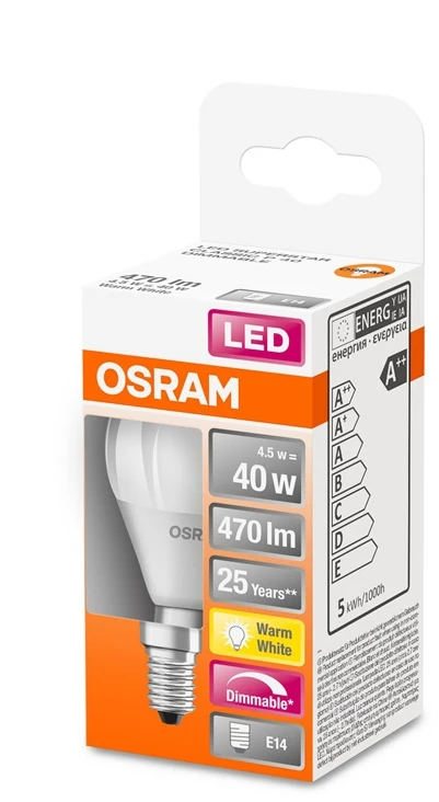 LED lempa Osram, P45, 4.5W, E14, 827, 470lm, dim, mat