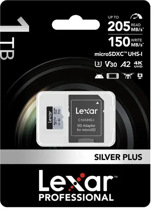 „Lexar“ didelio našumo „Sidabrinis Plus Micro SDXC 1 TB“ atminties kortelė + adapteris