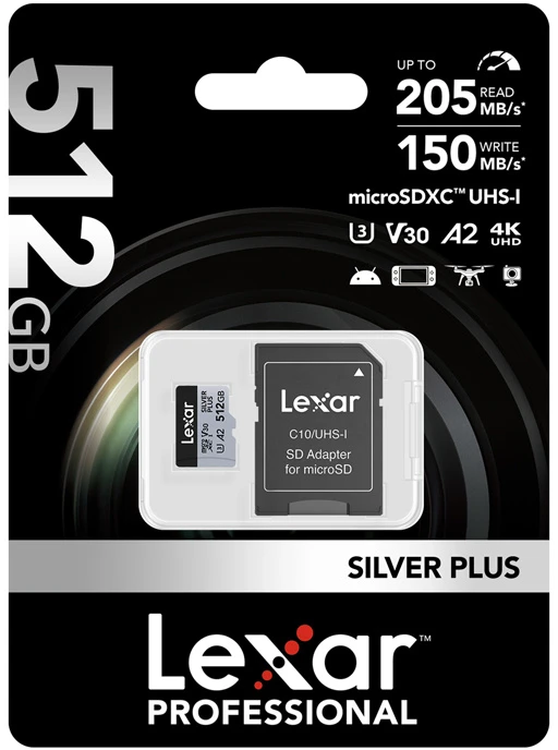 Atminties kortelė Lexar Micro SDXC Professional Sidabrinis Plus UHS-I/U3/A2/4K R205/W150 (V30) 512GB
