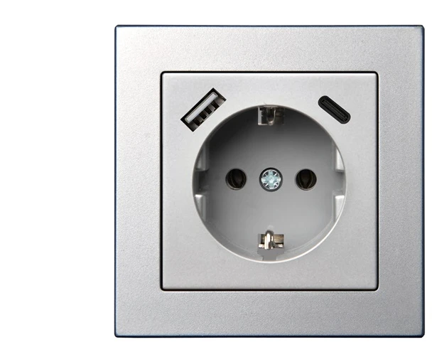 Liregus Kištukinis lizdas EPSILON, SCHUKO lizdas ir USB A+C įkroviklis 17W, be rėmelio, metalo sp.