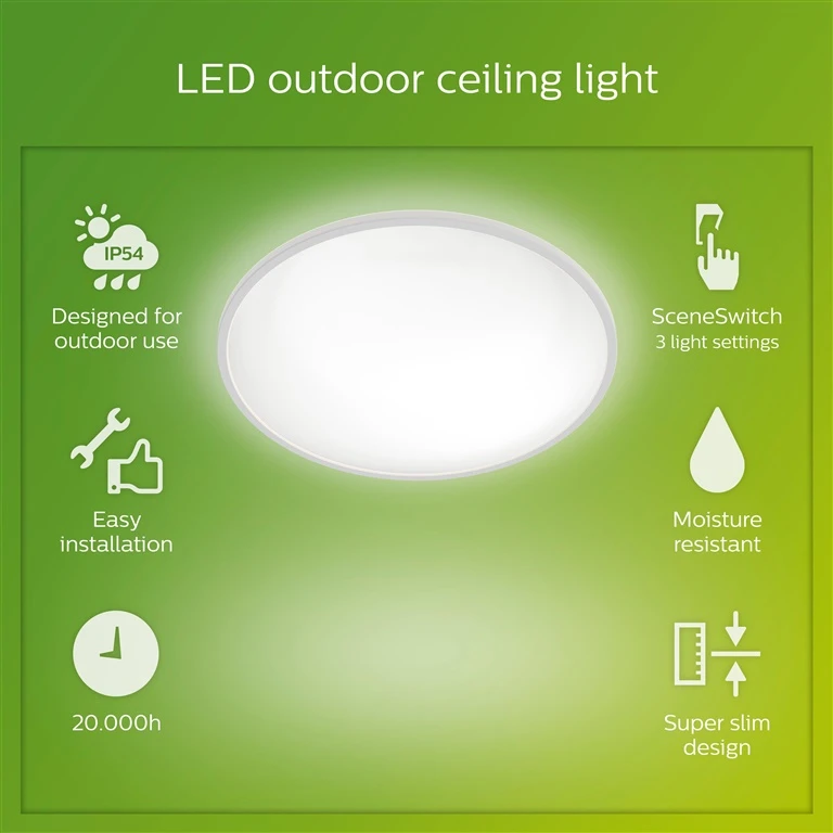 Lubinis šviestuvas Šviestuvas Philips SuperSlim, 15W, LED, IP54, baltas, 25 cm