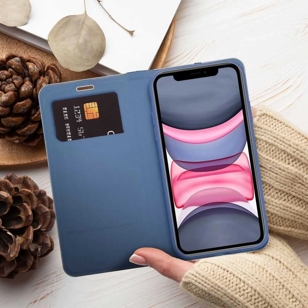 OEM atverčiamas dėklas iPhone 11 Luna Book Carbon mėlynas