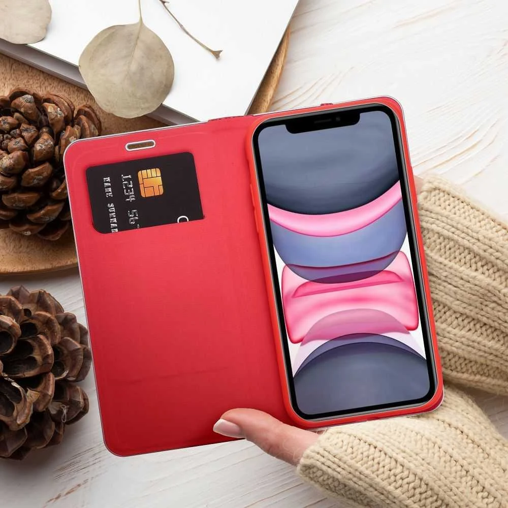 OEM atverčiamas dėklas, skirtas iPhone 16 PLUS Luna Book, anglies pluošto, raudonas