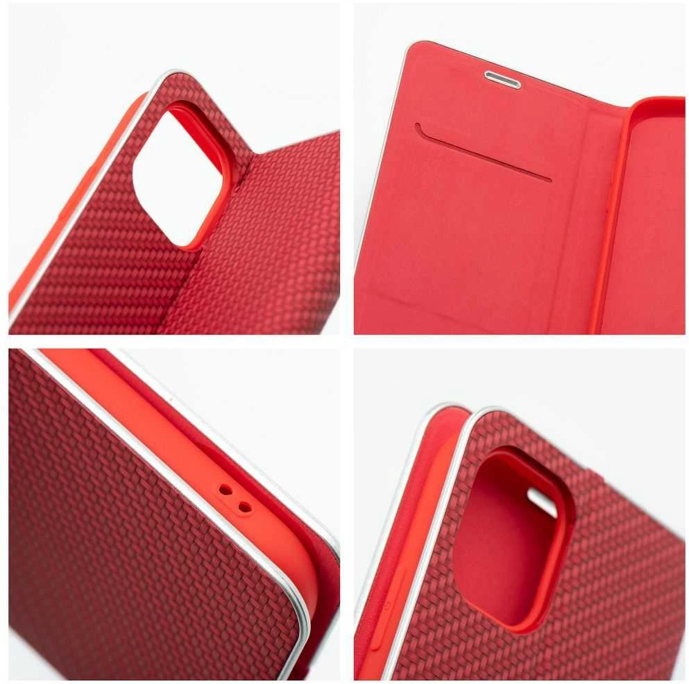 OEM atverčiamas dėklas, skirtas iPhone 16 PLUS Luna Book, anglies pluošto, raudonas