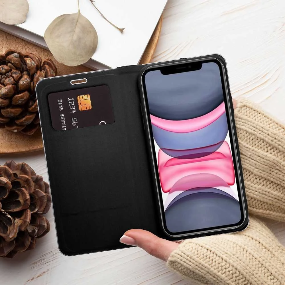 Forcell OEM atverčiamas dėklas iPhone 16e (SE 4 2025) Luna Book Gold juodas