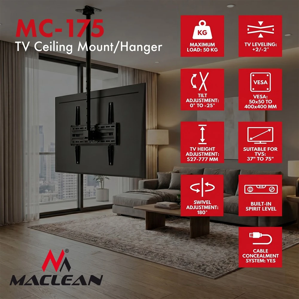 Laikiklis „Maclean“ televizoriaus lubinis laikiklis, maks. apkrova 50 kg, 37–75 colių, maks. VESA 400x400, MC-175
