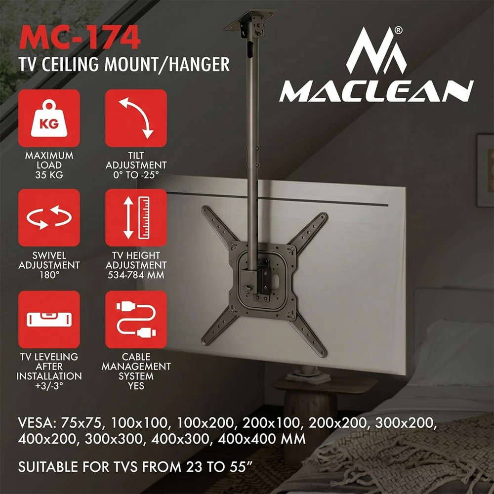 Laikiklis „Maclean“ televizoriaus lubinis laikiklis, maks. apkrova 35 kg, 23–55 colio, maks. VESA 400x400, MC-174
