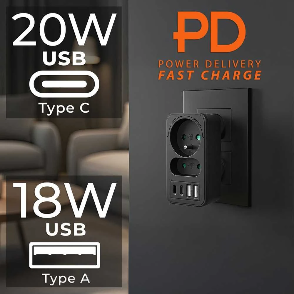 „Maclean“ srovės lizdas x2 + 4xUSB, skirstytuvas su 2 lizdais, 2xUSB A, 2xUSB C PD 20W, 1x16A + 1x6A, MCE249 F/B
