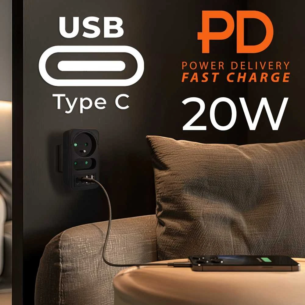„Maclean“ srovės lizdas x2 + 4xUSB, skirstytuvas su 2 lizdais, 2xUSB A, 2xUSB C PD 20W, 1x16A + 1x6A, MCE249 F/B