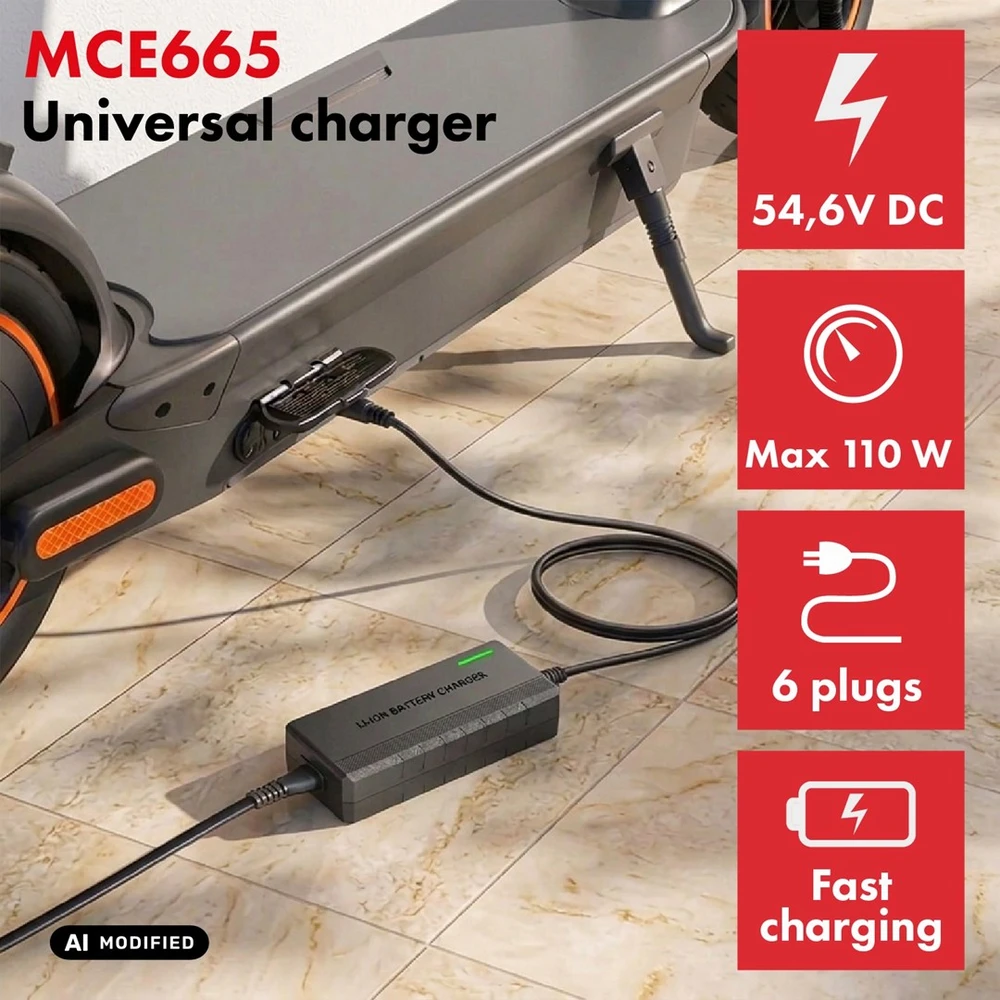 Universalus kroviklis / Maitinimo šaltinis Maclean Energy, skirtas paspirtukams, 54,6V DC, 2A, Max 110W, Fast Charging, 6 kištukai, MCE665